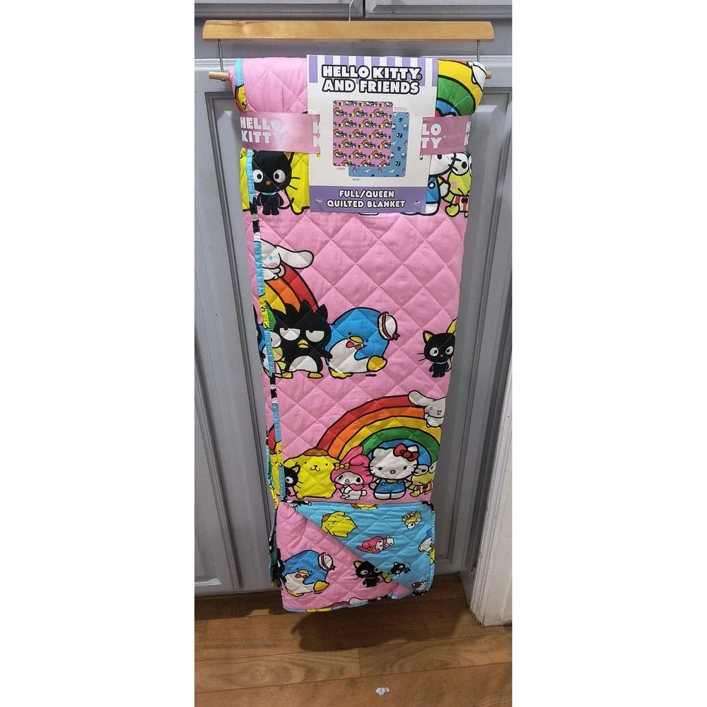 Sanrio Hello Kitty and Friend Full Queen Quilted Blanket Pink Rainbow Reversible